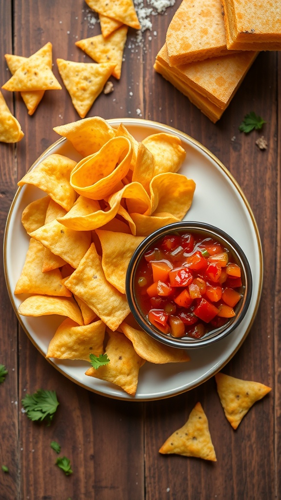 A plate of cheese crisps next to a bowl of salsa, with some additional cheese crisps scattered around.