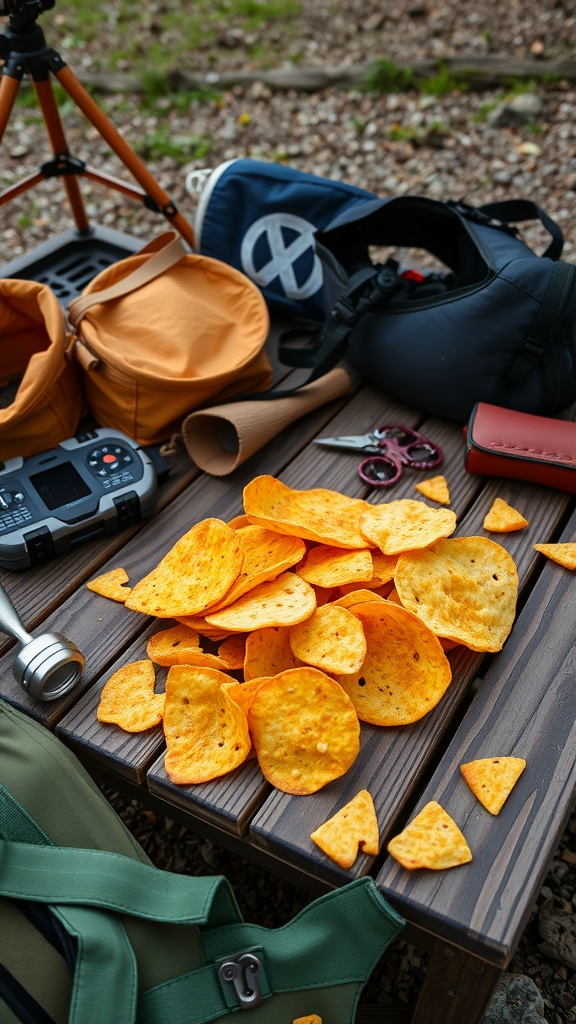 A pile of cheese crisps with bright orange color on a wooden table.