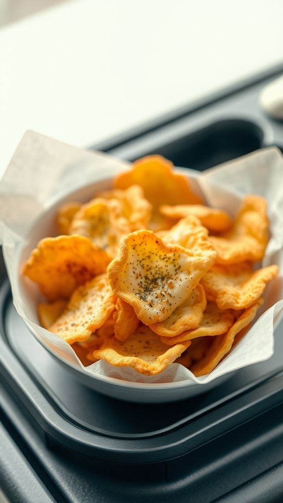 A bowl of crispy cheese crisps with spices, perfect for road trips.