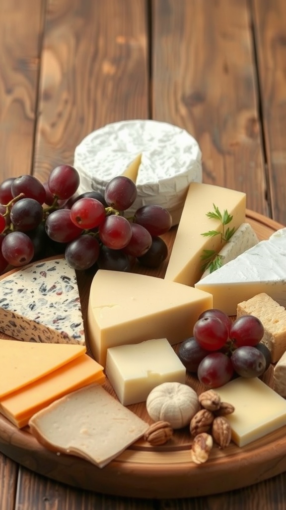 An assortment of various cheeses and grapes on a wooden platter.