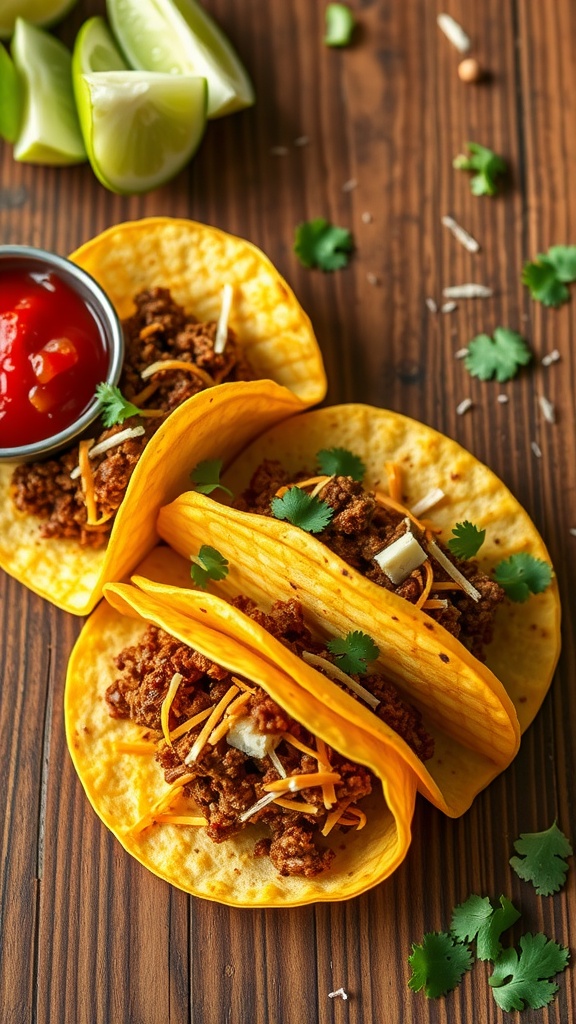 Crispy cheese shell tacos filled with meat and garnished with cilantro, lime wedges, and a side of salsa.