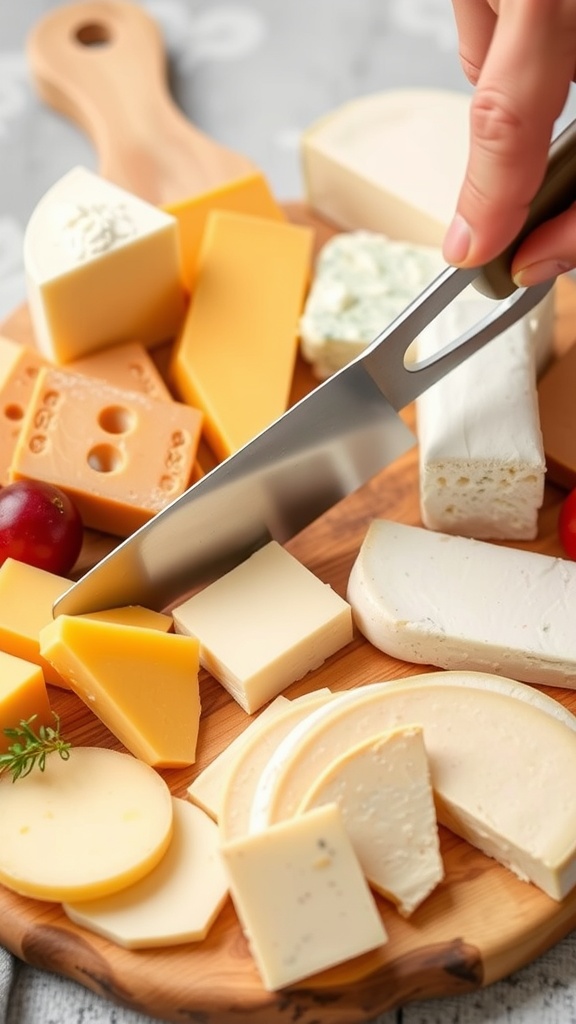 A person slicing cheese on a wooden board with tomatoes and herbs.