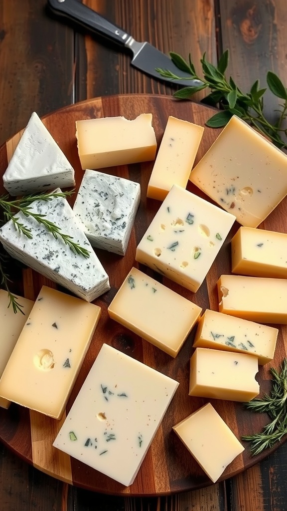 A variety of cheeses displayed on a wooden platter with herbs and a knife.