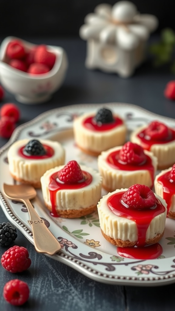 Cheesecake bites topped with berry sauce and fresh raspberries on a decorative plate.