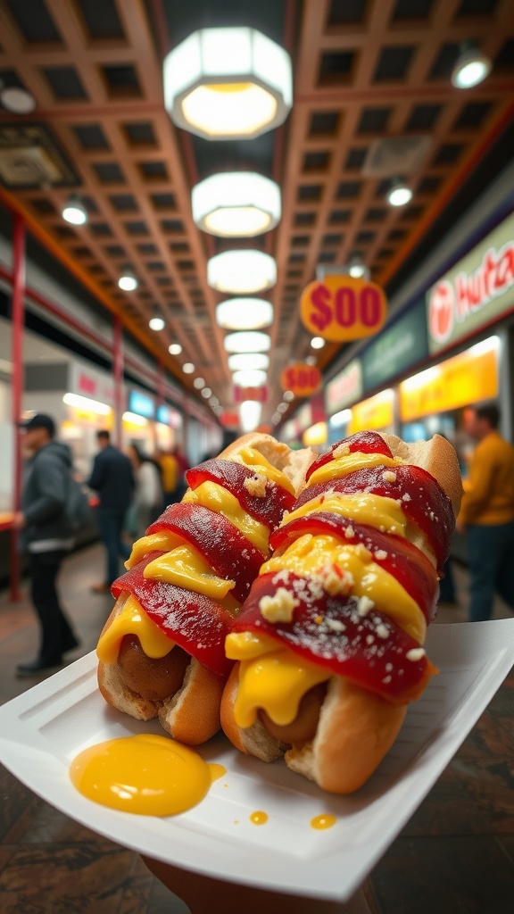 Cheesy bacon-wrapped hot dogs topped with ketchup and mustard.