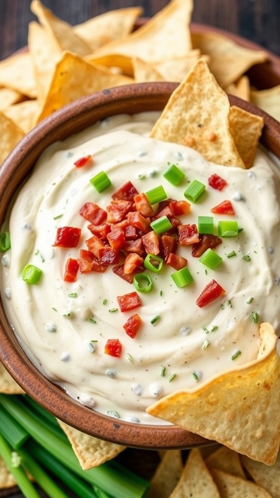 A creamy bacon ranch dip topped with chopped green onions and red peppers, served with tortilla chips.