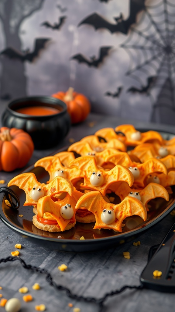 A plate of cheesy bat-shaped snacks, perfect for a Halloween party.