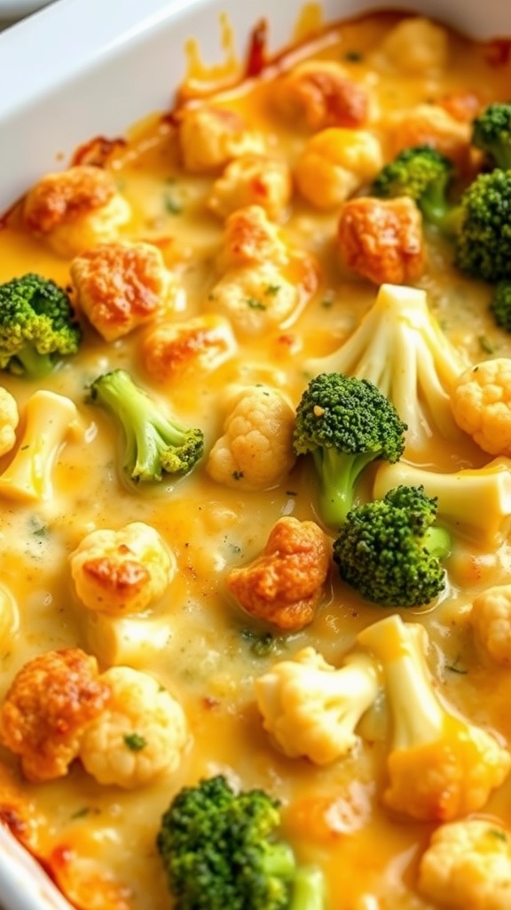 A delicious cheesy broccoli and cauliflower bake with golden cheese and fresh vegetables.