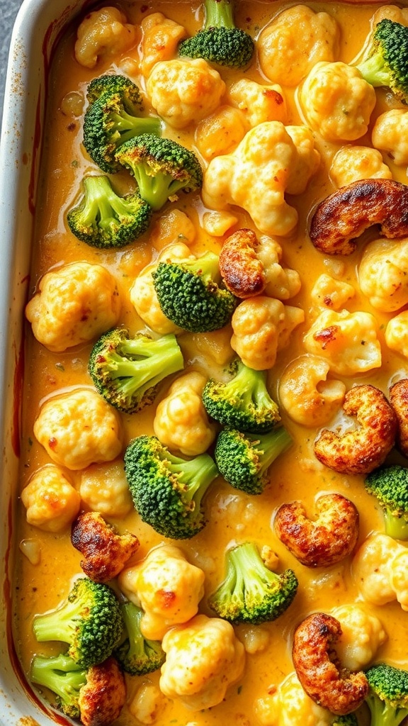 A close-up of cheesy broccoli and cauliflower bake with melted cheese and colorful vegetables.