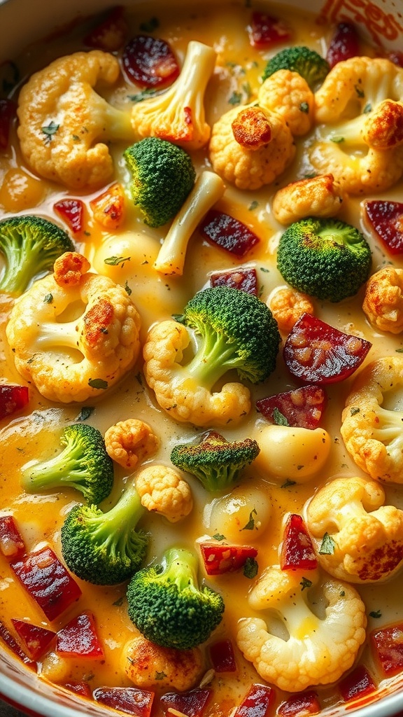 A delicious cheesy broccoli and cauliflower bake with a creamy texture and colorful veggies.