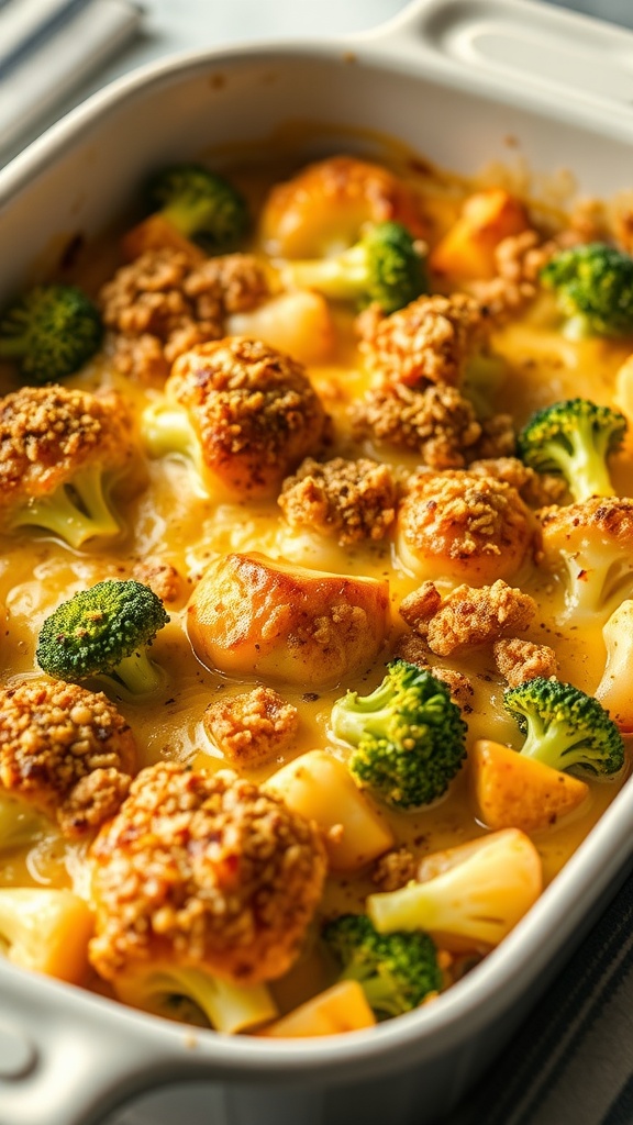 A cheesy broccoli and cauliflower casserole with a golden topping, featuring fresh broccoli and cauliflower florets.