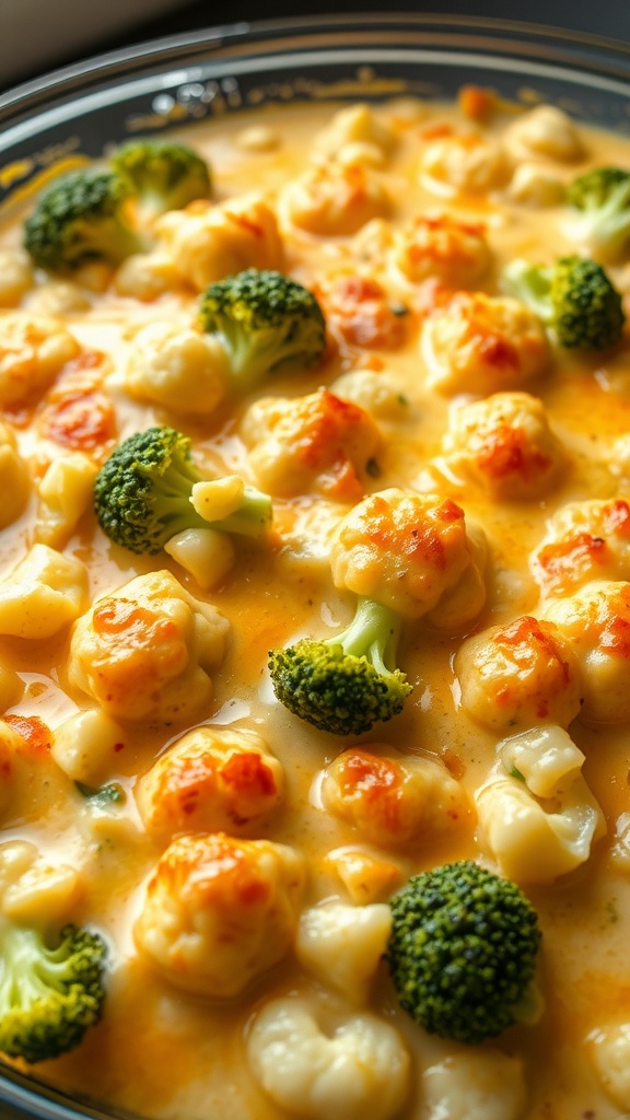 A creamy cheesy broccoli and cauliflower casserole topped with golden cheese.