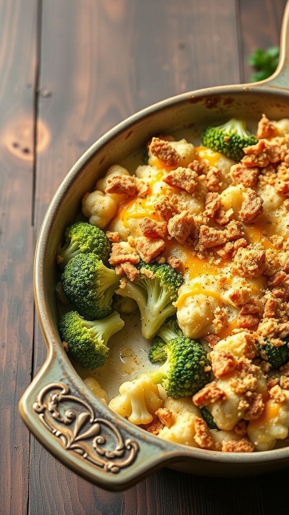 A cheesy broccoli and cauliflower casserole topped with crunchy bits, served in a baking dish on a wooden table.