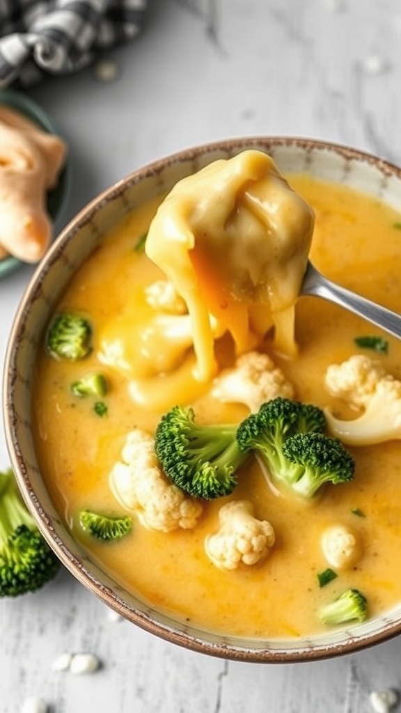 A bowl of cheesy broccoli and cauliflower soup with a spoon.