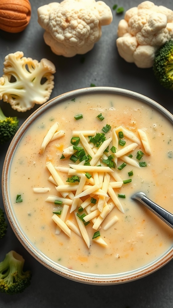 A bowl of cheesy broccoli and cauliflower soup topped with grated cheese and herbs, surrounded by fresh broccoli and cauliflower pieces.