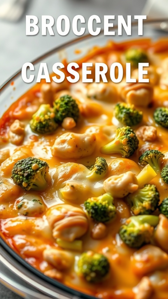 Cheesy broccoli and chicken casserole in a glass dish