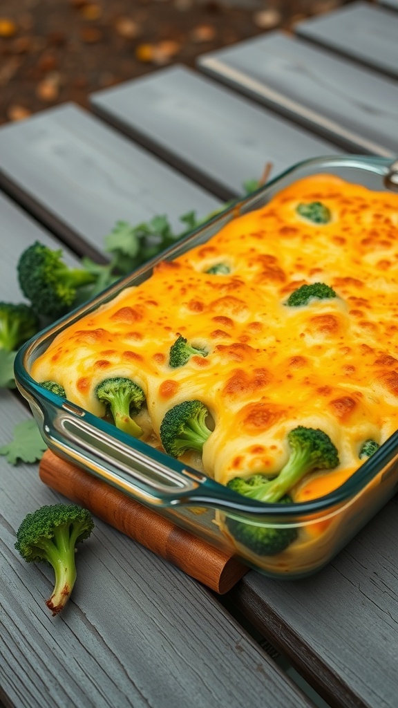 A delicious Cheesy Broccoli Casserole with melted cheese and fresh broccoli.