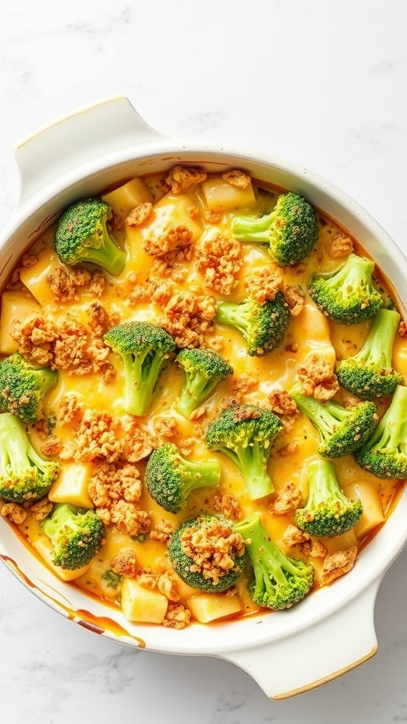 A creamy broccoli casserole with cheese and crispy topping.