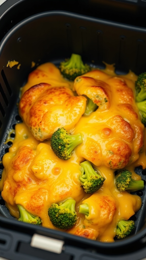 Cheesy broccoli casserole in an air fryer basket.