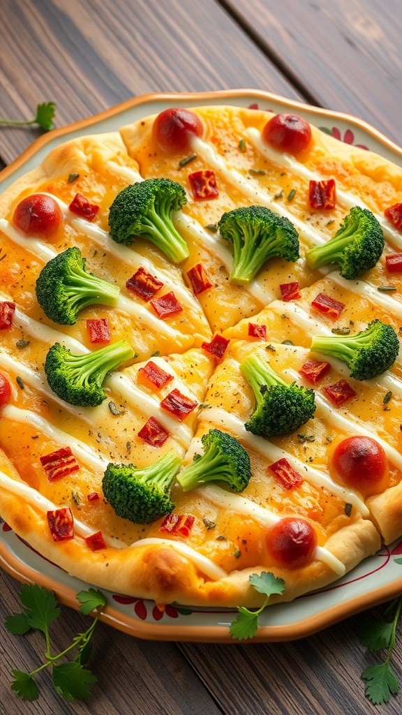 A delicious cheesy broccoli pizza topped with fresh broccoli, cheese, and small tomatoes.