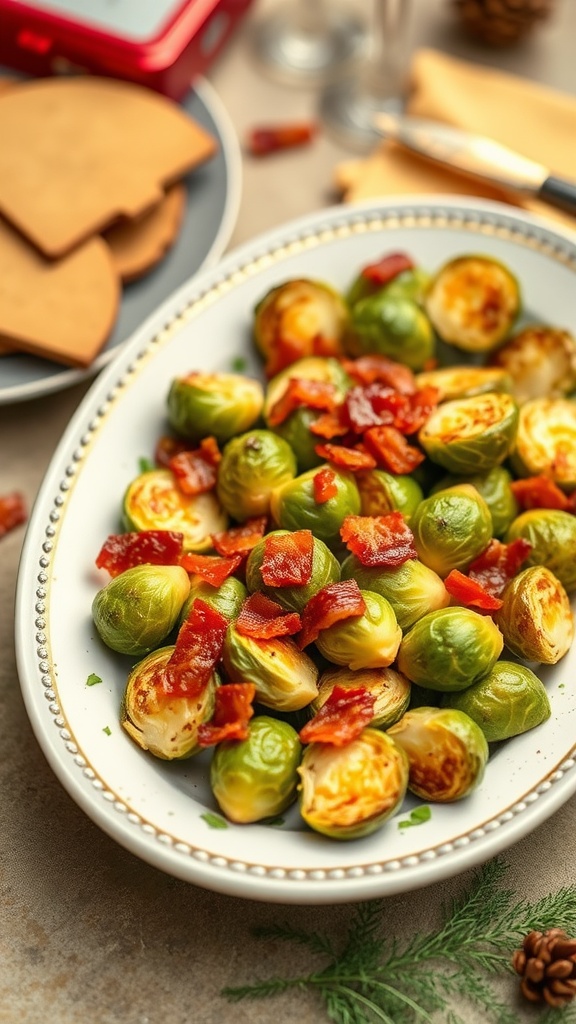 A dish of cheesy Brussels sprouts topped with crispy bacon pieces.