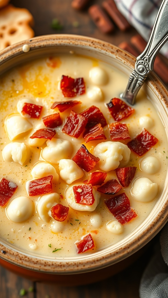 A bowl of cheesy cauliflower and bacon chowder garnished with red bell pepper on a wooden table.