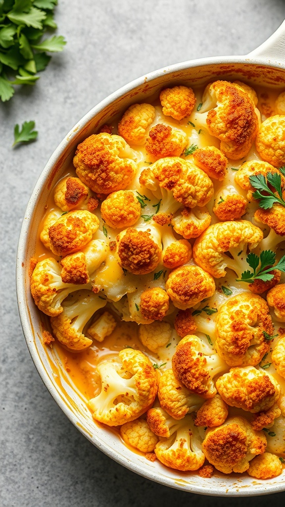 Cheesy cauliflower bake with golden-brown cheese and green herbs on top.