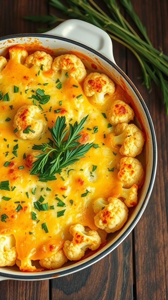 A delicious cheesy cauliflower bake topped with herbs.