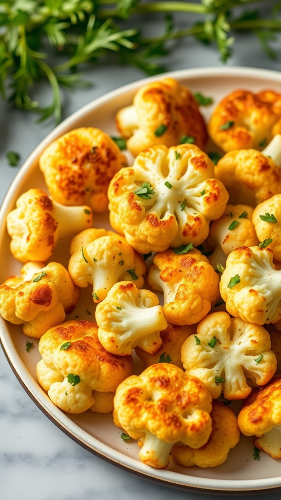 A plate of golden, cheesy cauliflower bites garnished with herbs.