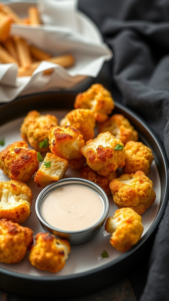 A tray of cheesy cauliflower bites with dipping sauces.