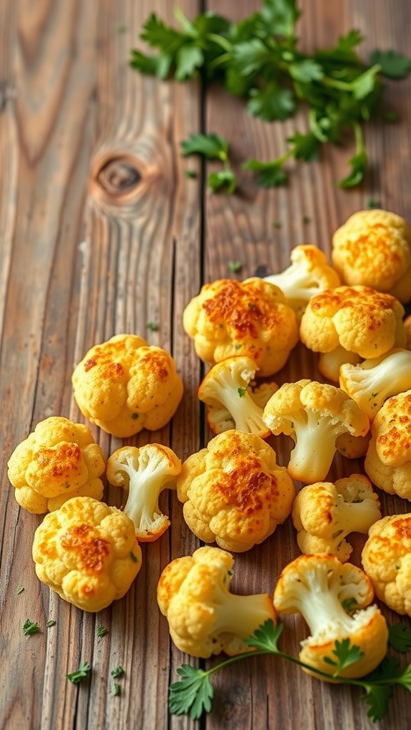 A plate of cheesy cauliflower bites on a wooden surface with parsley.