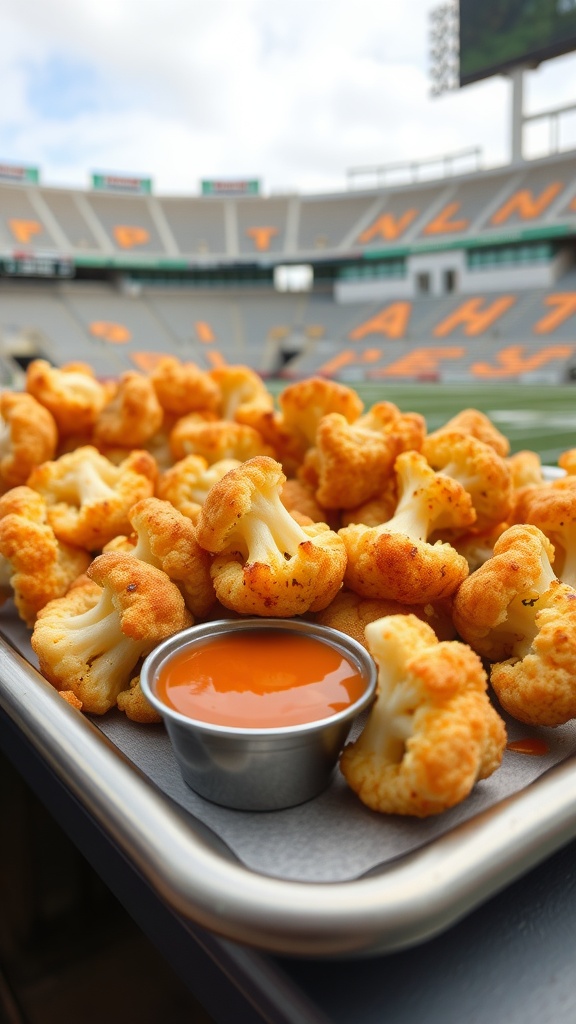 A tray of cheesy cauliflower bites with a small bowl of dipping sauce