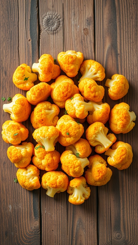 A pile of cheesy cauliflower bites on a wooden surface.