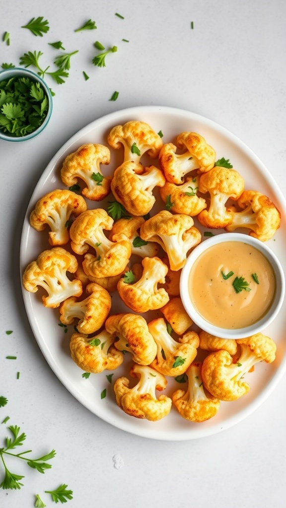 A platter of cheesy cauliflower bites with a dipping sauce and fresh herbs.