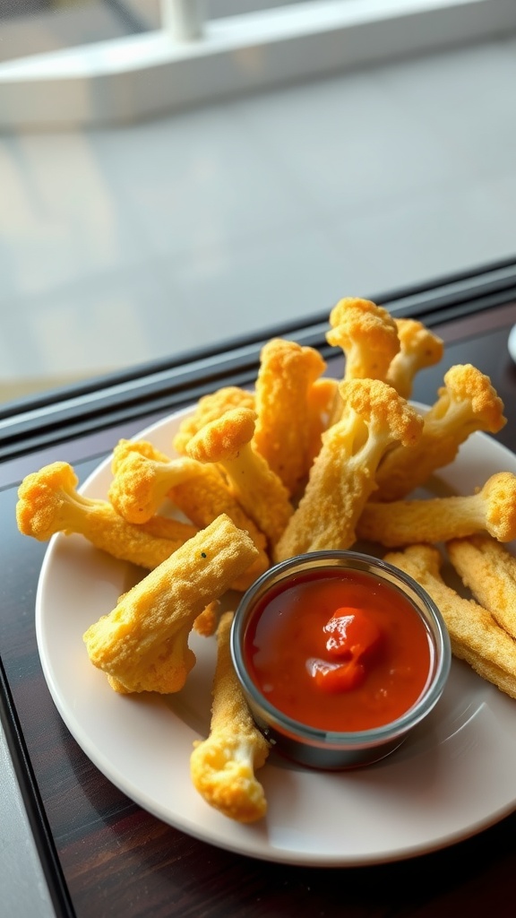 Cheesy cauliflower breadsticks served with dipping sauce on a wooden platter.