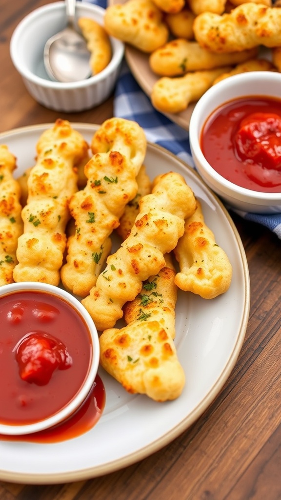 A plate of cheesy cauliflower breadsticks with marinara sauce on a checkered tablecloth