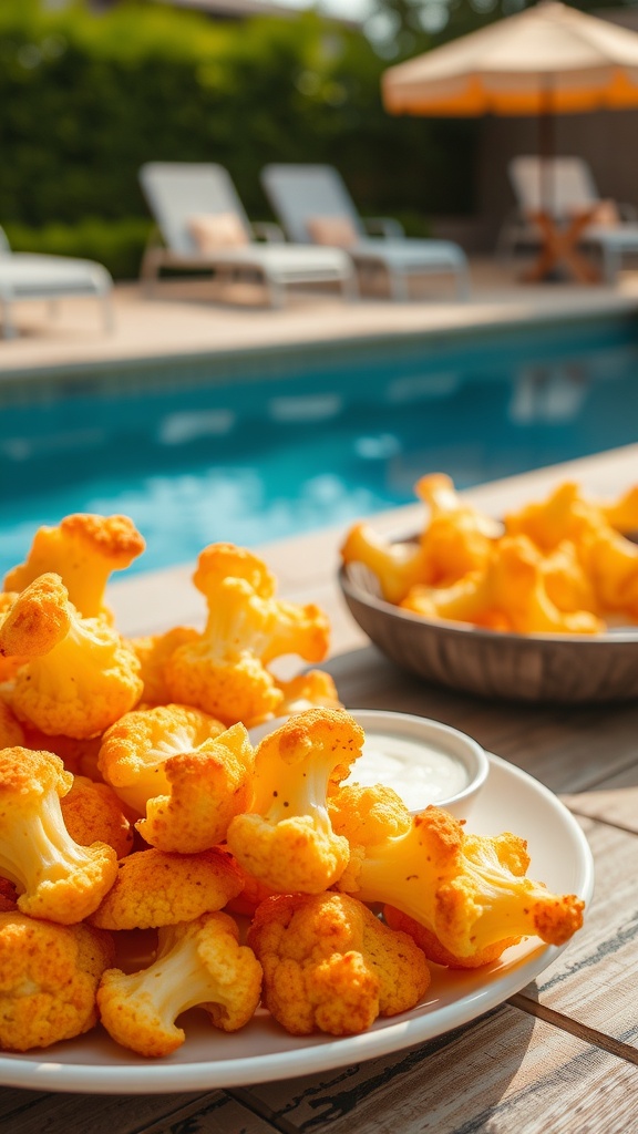 A plate of cheesy cauliflower breadsticks with a dip, set beside a pool.