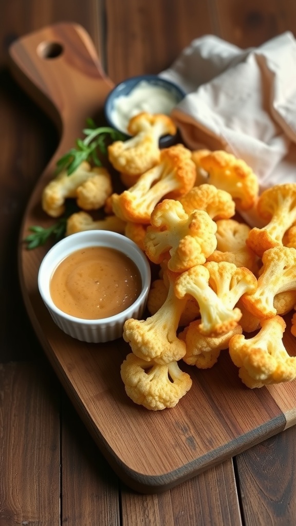 Cheesy cauliflower breadsticks on a wooden platter with dipping sauces