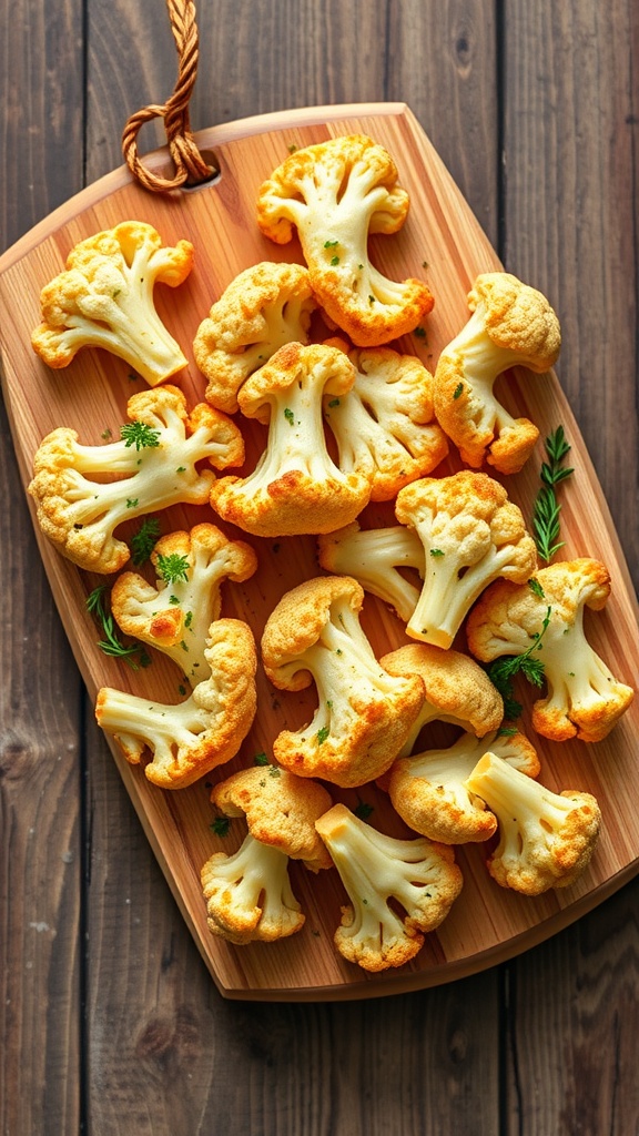 A platter of cheesy cauliflower breadsticks on a wooden board.