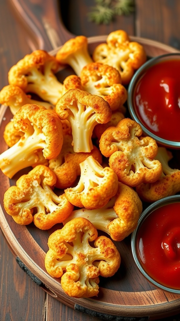 A plate of golden cheesy cauliflower breadsticks with a side of dipping sauce.