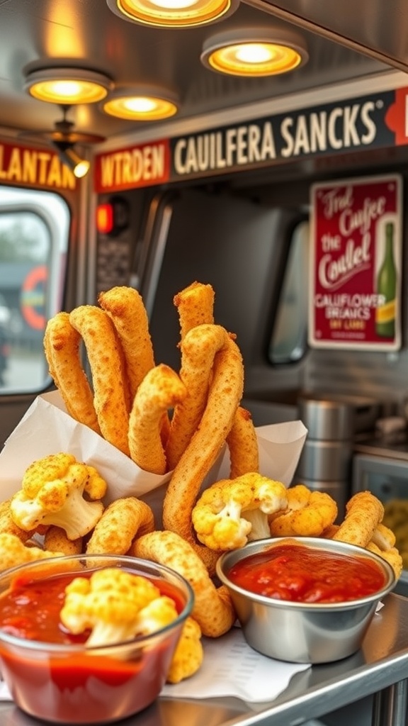 A close-up of cheesy cauliflower breadsticks served with dipping sauces in a food truck setting.