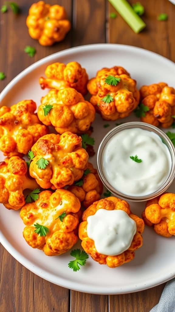 A plate of cheesy cauliflower buffalo bites with a side of ranch dressing.