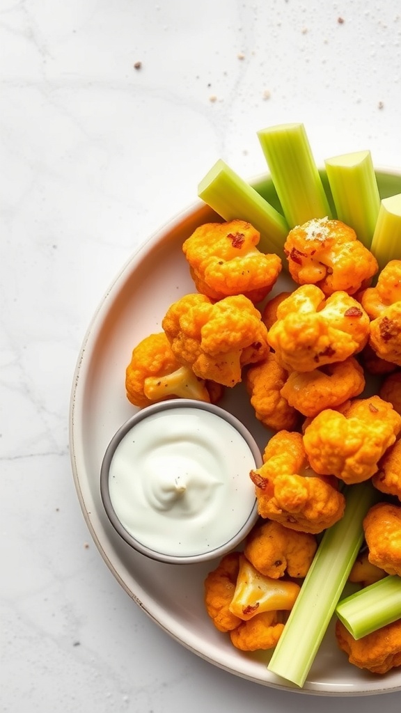 A plate of cheesy cauliflower buffalo bites with a side of dipping sauce and celery sticks.