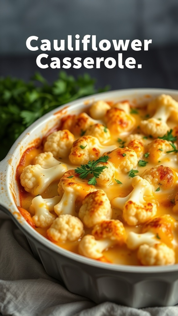 A delicious cheesy cauliflower casserole topped with fresh herbs.