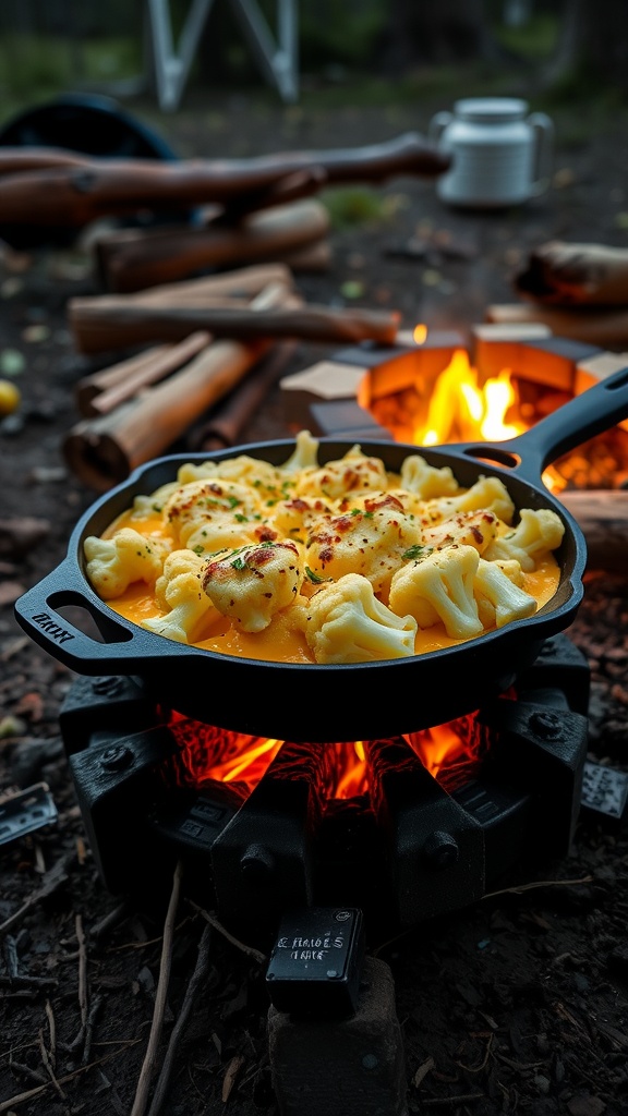 Cheesy cauliflower casserole cooking over a campfire in a cast iron skillet.