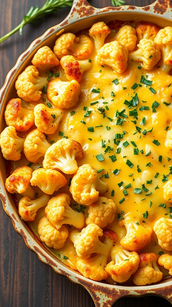 Cheesy cauliflower casserole topped with parsley