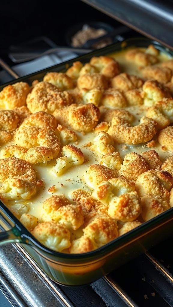 A delicious cheesy cauliflower casserole topped with golden breadcrumbs, fresh out of the oven.