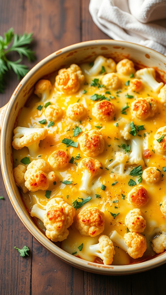 A delicious cheesy cauliflower casserole topped with golden cheese and green herbs ready to be served.