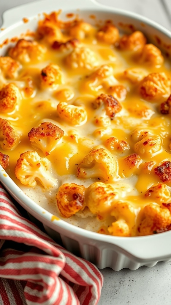 A delicious Cheesy Cauliflower Casserole topped with melted cheese.