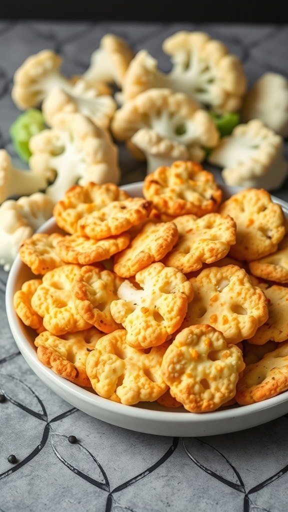 A bowl of cheesy cauliflower crackers surrounded by pieces of cauliflower.